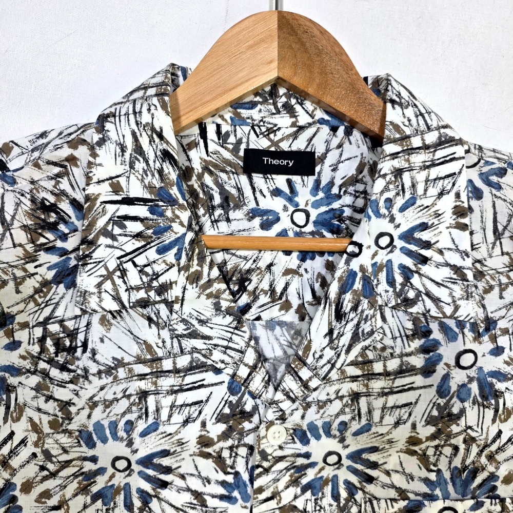 Theory Weldon Y Sketched Floral Shirt Mens XL White Blue Abstract Camp Collar
